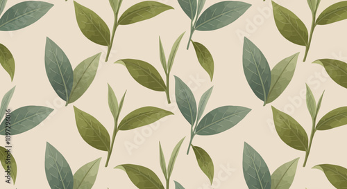 A serene floral pattern featuring a flower stem with leaves in a seamless repeat design viewed from directly above.