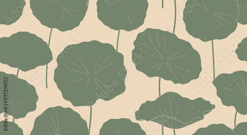 A serene lotus flower pattern illustration featuring green leaves and stems on a soft background viewed from directly above