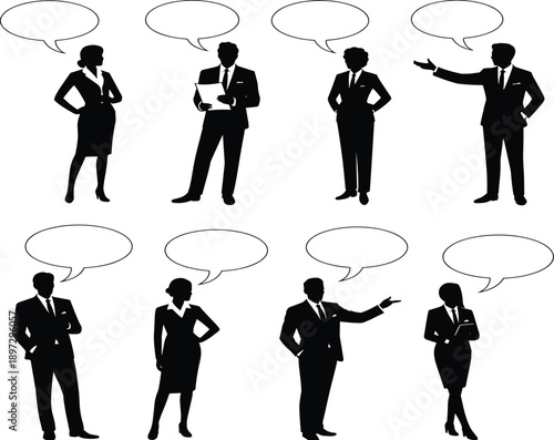 Black silhouettes of business professionals with blank speech bubbles in varied poses, ideal for communication, corporate dialogue, teamwork, and educational design projects.