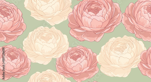 Flower pattern illustration featuring soft pink and cream roses on a muted green background from a top-down viewpoint