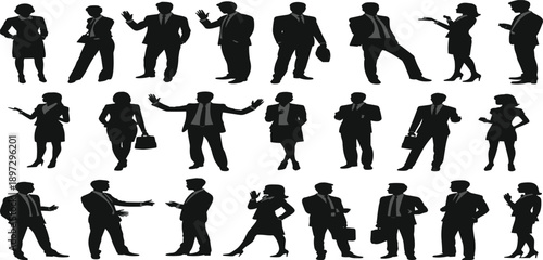 Black silhouettes of male and female business professionals in diverse poses with briefcases and gestures, perfect for corporate communication, teamwork, and office-themed design projects.