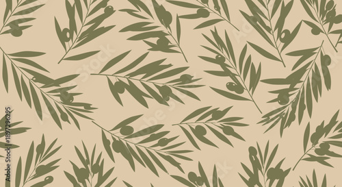 A serene illustration featuring a flower pattern with leaves and stems in a seamless design