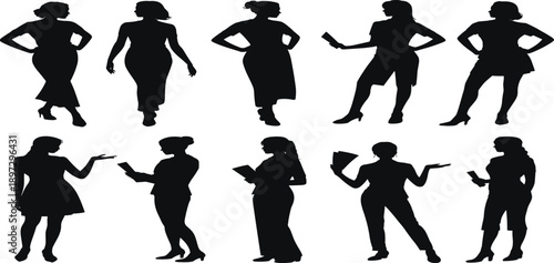 Black silhouettes of women in diverse standing poses with varied gestures and outfits, perfect for fashion design, character modeling, and communication-themed projects.