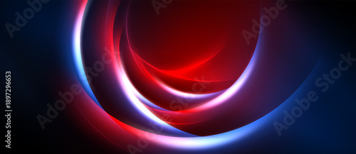 Abstract design features layered, glowing circles. Red, white, blue hues dominate dark background. Smooth gradients create dynamic visual effect.