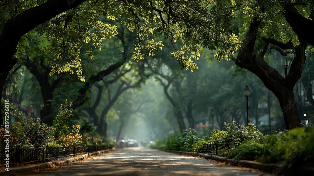 Fototapeta premium Peaceful park road under green tree canopy tunnel with dappled sunlight shadows.