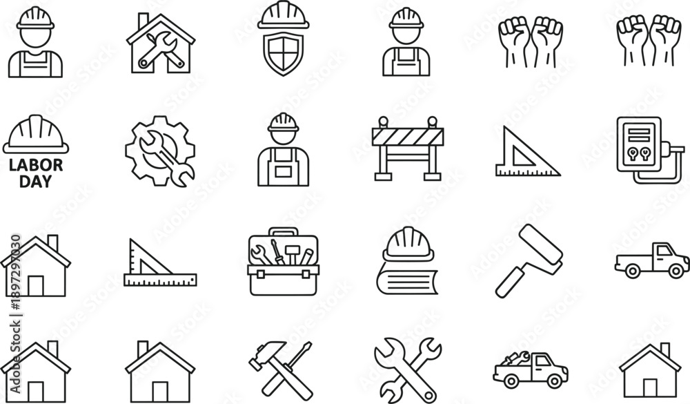 Fototapeta premium Construction and labor line icons set featuring workers tools safety housing repairs equipment vector illustration industry collection