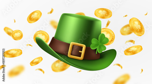 St Patrick’s Day Leprechaun Hat with Flying Gold Coins on White Background