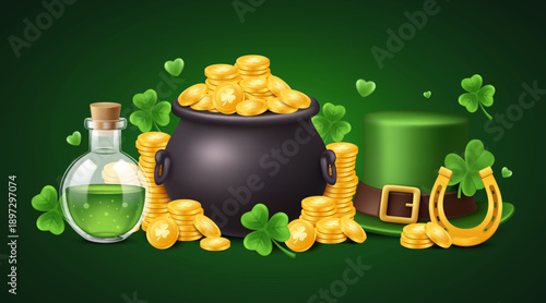 Saint Patricks Day Dark Green Background with Pot of Gold, Clover and Leprechaun Hat