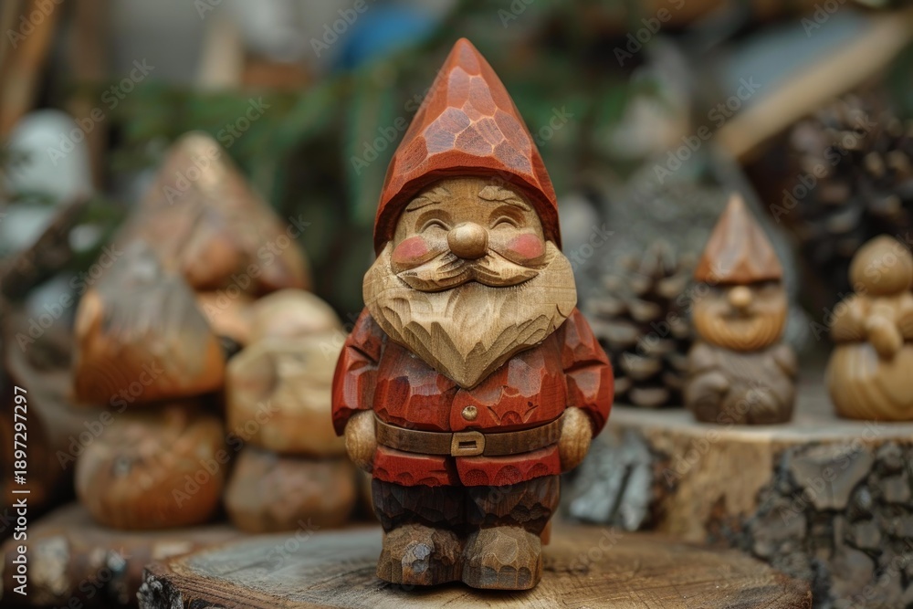 Naklejka premium Hand carved wooden gnome figurine standing on a tree trunk with other wooden figures in the background