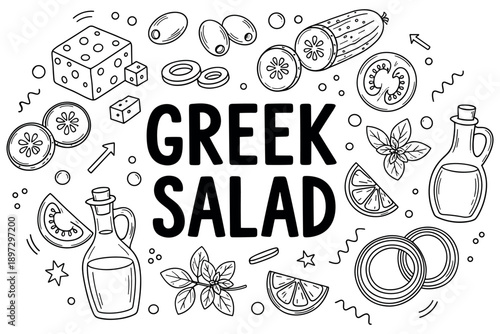 Hand-drawn greek salad ingredients with cucumbers, tomatoes, and olives