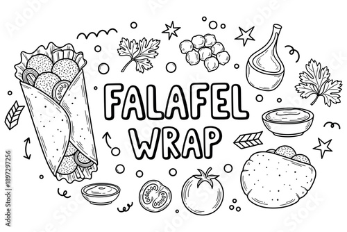 Falafel wrap ingredients: tomato, sauce, herbs, and chickpeas illustrated