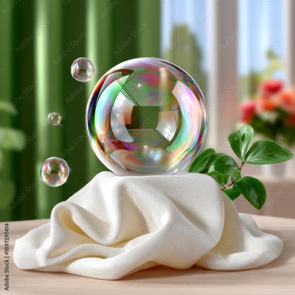 Fototapeta premium Iridescent Bubble Resting on White Cloth with Green Leaves and Blurred Floral Background Gentle Light