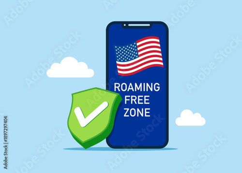 Good roaming Free zone United States of America. Smartphone and green shield with check mark. High-quality service, excellent connection, fast and high-speed internet. Vector flat illustration