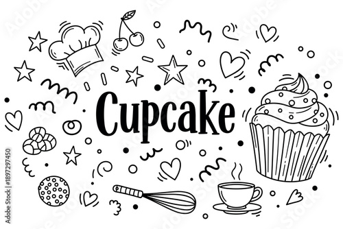 Cupcake doodle art with chef hat, cherries, and coffee cup