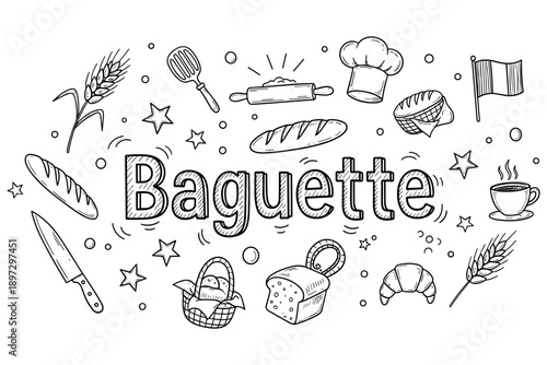 Baguette and bakery icons: bread, croissant, wheat, and baking tools