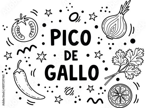 Pico de gallo ingredients drawing with tomato, onion, cilantro, chili pepper, and lime