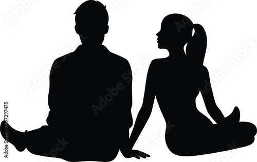 Silhouettes of women and girl in yoga poses sitting in lotus meditation