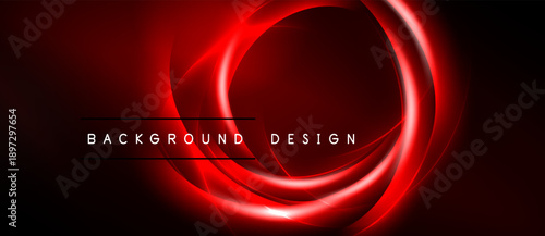 Abstract red design features circular glowing lines. Dark background creates dramatic visual impact. Modern aesthetic.