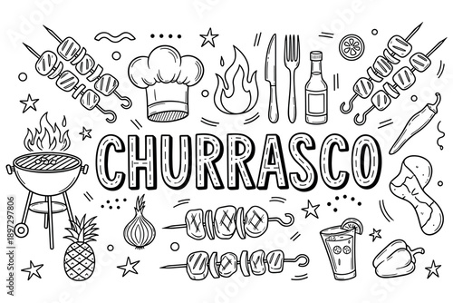 Churrasco bbq illustration with skewers, grill, chef hat, and barbecue elements