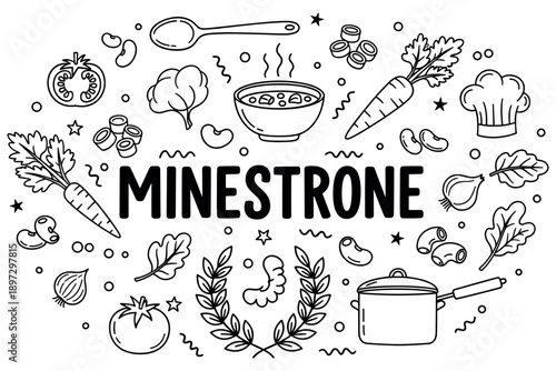 Minestrone ingredients illustration: carrot, tomato, broccoli, onion, herbs