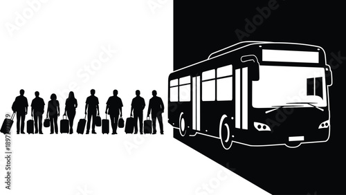 Passengers silhouettes waiting bus with luggage, public transport travel concept, urban commute people vector illustration isolated background