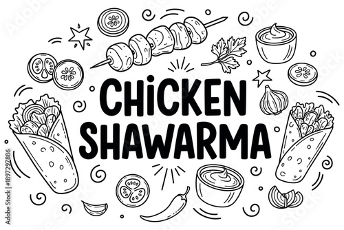 Chicken shawarma ingredients and wraps in black and white doodle style