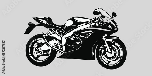 Stylized black and white illustration of a modern sportbike motorcycle