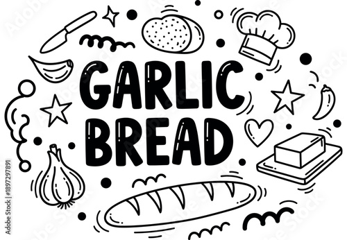 Garlic bread doodle with bread loaf, garlic bulb, and chef hat illustrations