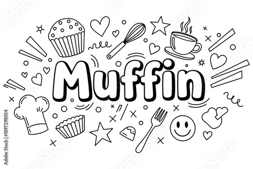 Muffin doodle art with baking and coffee elements