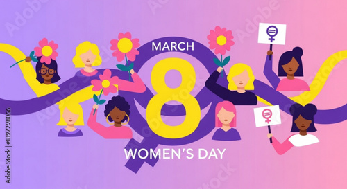 Vibrant international women's day poster with diverse group celebrating march 8th in purple pink and yellow
