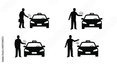 Four black silhouettes of people hailing taxis repeated design elements silhouette