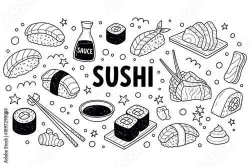 Assorted sushi types with soy sauce and chopsticks in line art style