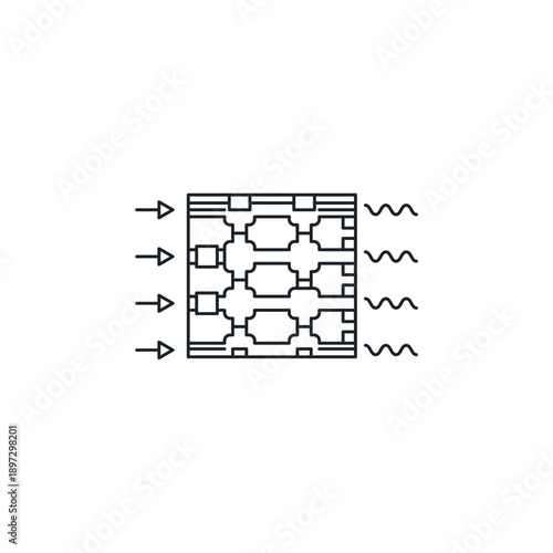 Photon chip vector icon illustration. Light beams traveling through microchip channels. Optical computing and laser processor technology symbol for high speed data transfer.