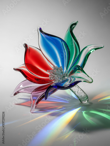 Artistic glass floral sculpture with bold red and blue petals design