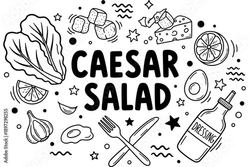Illustrated caesar salad ingredients: lettuce, croutons, cheese, dressing, lime, egg