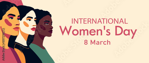 Vector horizontal banner Women's Day, March 8. Women of different nationalities, cultures standing together. Modern design symbol diversity, unity, movements for gender equality, women's empowerment