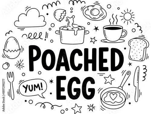 Poached egg doodles: breakfast drawing with coffee, toast, and sunshine