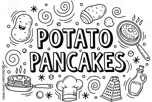 Potato pancakes recipe illustration with cooking tools and ingredients