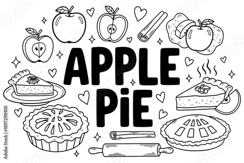 Apple pie illustration with sliced apples, cinnamon sticks, and decorative pie elements