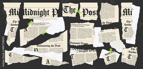 Vector set of torn vintage newspaper with gothic text and blank grid notepad textboxes. Ripped paper pieces with uneven edges, yellowed newsprint and squared notebook fragments for modern collage.