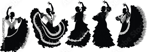 Set of Spanish flamenco dancer silhouettes, beautiful women in traditional dress performing cultural dance, graceful poses, isolated vector illustration on white background,