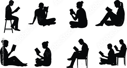 People reading books silhouettes, sitting and relaxing poses, literacy concept, education theme, black vector illustration, readers in various positions