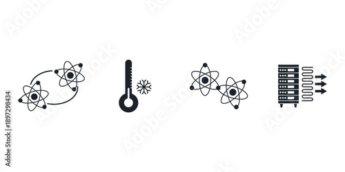 Quantum computing and artificial intelligence vector icon set. Future technology, science, big data, and supercomputer illustration symbols for web design and digital workflow.