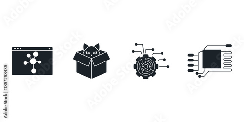 Quantum computing and artificial intelligence vector icon set. Future technology, science, big data, and supercomputer illustration symbols for web design and digital workflow.