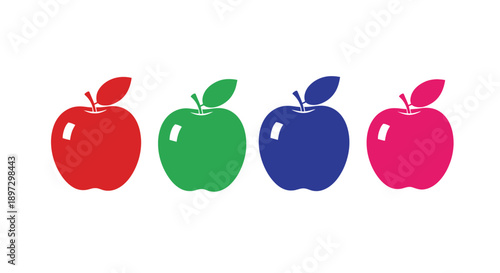 Four colorful apples displayed in a row a striking silhouette