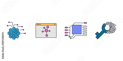 Quantum computing and artificial intelligence vector icon set. Future technology, science, big data, and supercomputer illustration symbols for web design and digital workflow.
