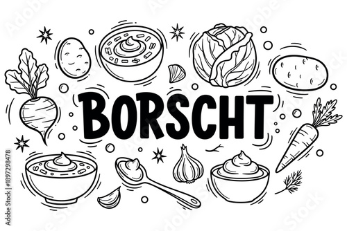 Borscht ingredients illustration with vegetables and soup elements