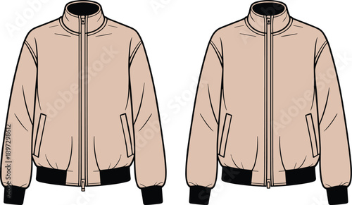 Beige bomber jacket front and back view vector illustration, modern casual outerwear design with zipper, ribbed cuffs, fashion apparel flat style