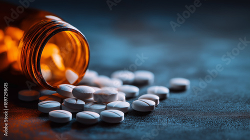 White Pills Spilling from Amber Prescription Bottle on Dark Background, Healthcare, Medicine and Pharmaceutical Concept