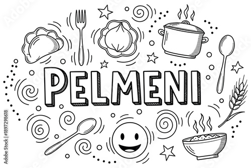 Pelmeni doodle art with utensils and ingredients in black and white